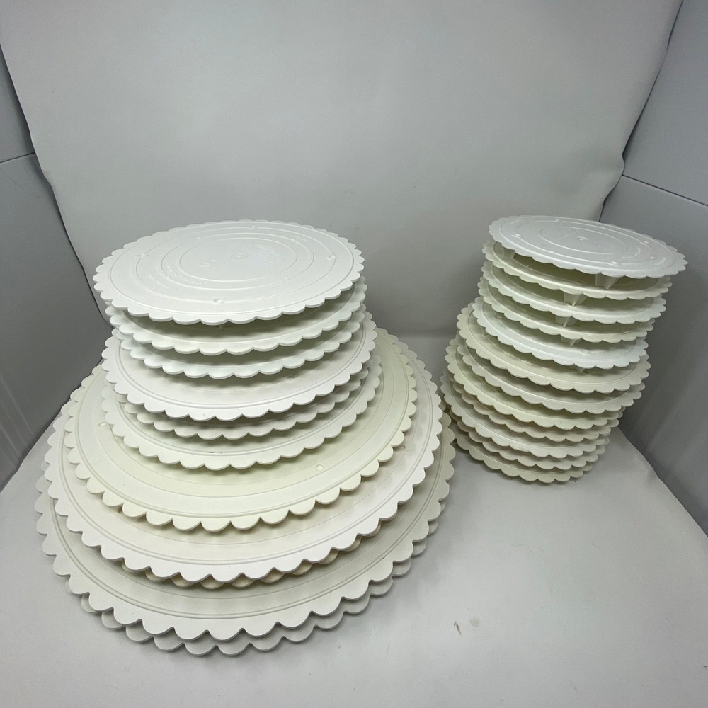 Vtg 23-Set Wilton 18"-7" Wedding Cake Separator Round Plates Scalloped Stand
